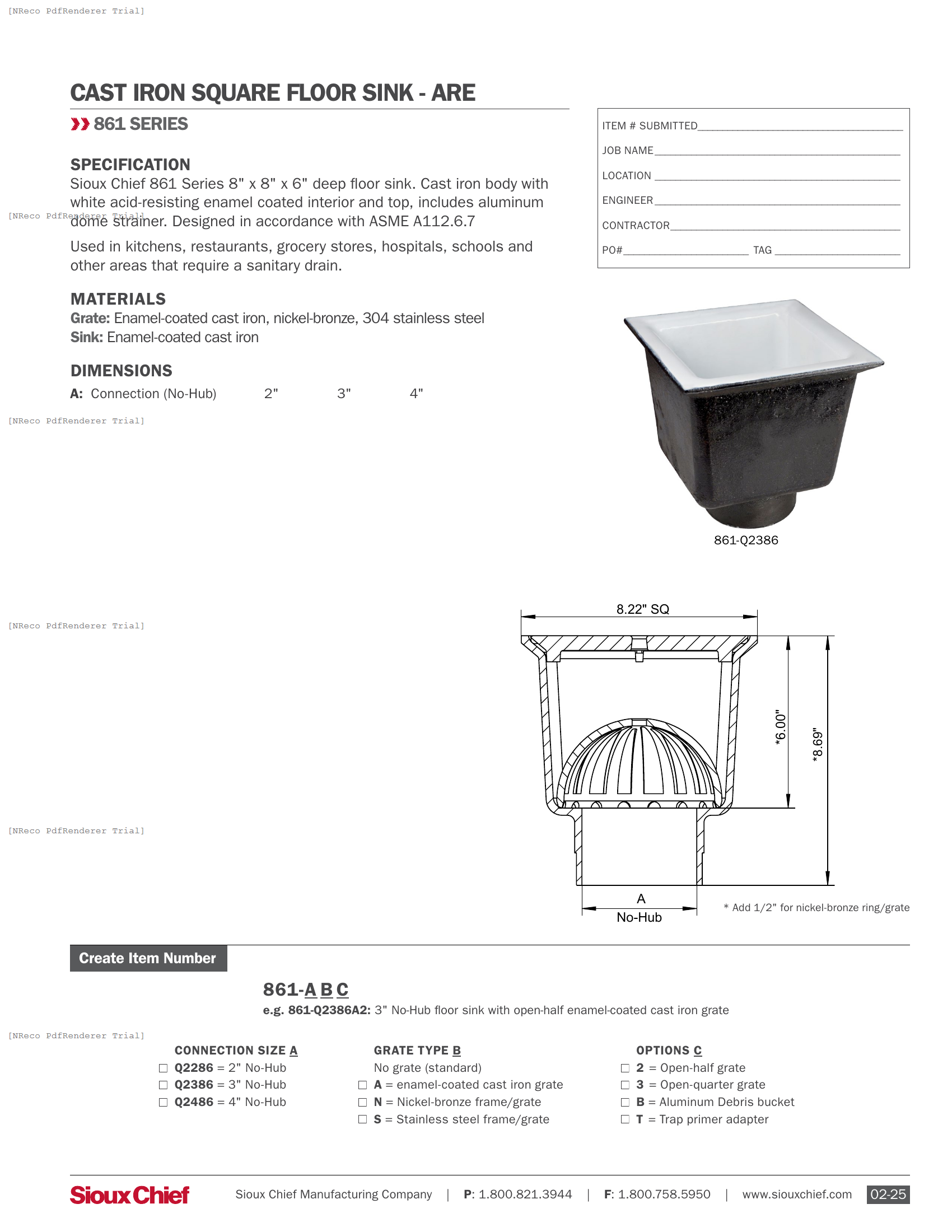 861-Q SERIES - 8X8X6 FLOOR SINK - SPEC SHEET.PDF Specification Document